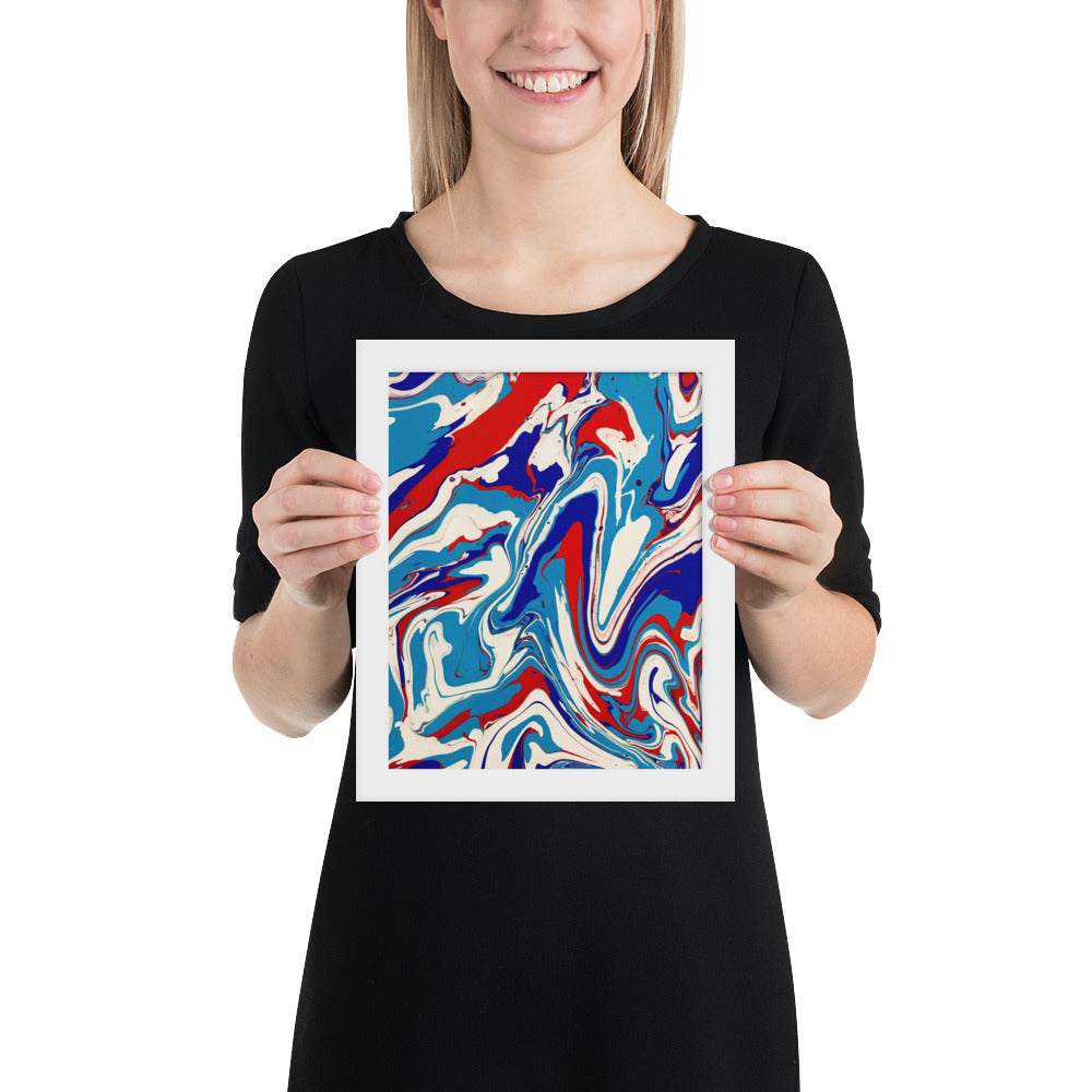 Vibrant Red, White & Blue Flow Acrylic Painting Framed Fine Art Poster Print - Elegant Abstract Modern Art for Home And Office Wall Décor