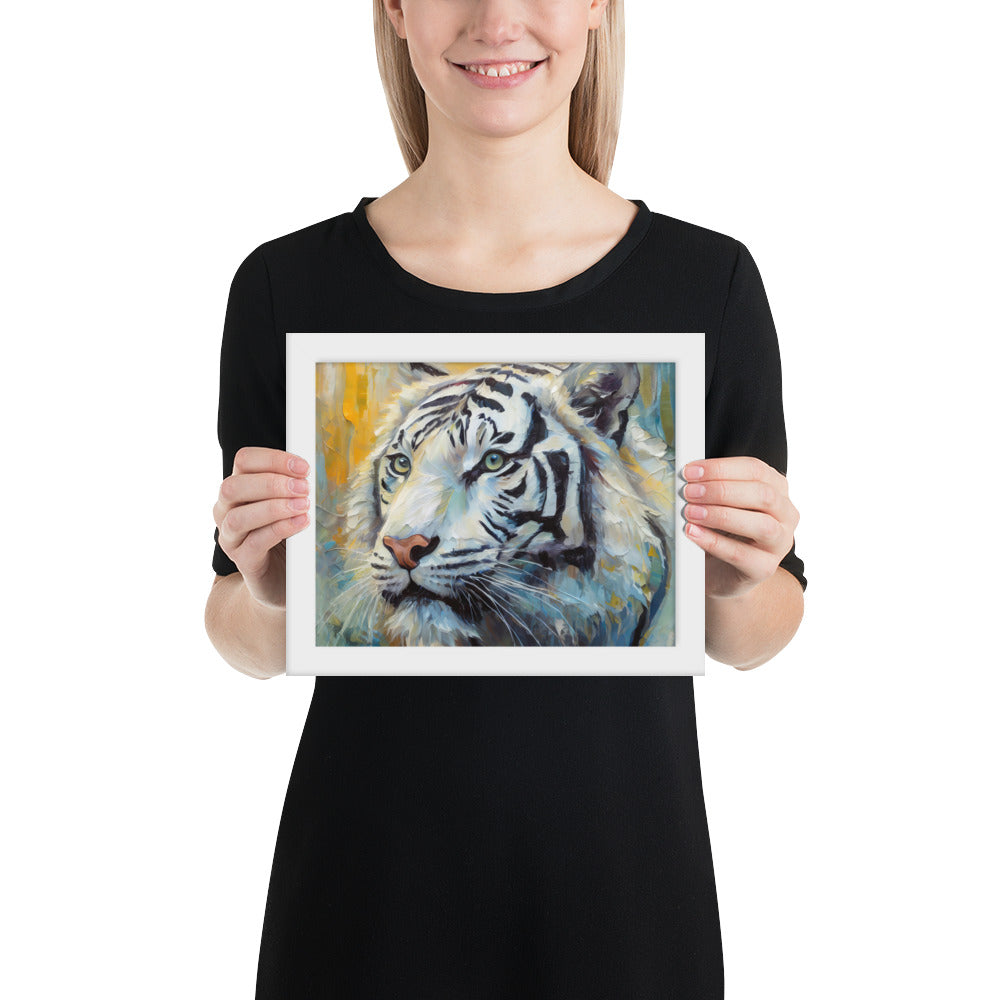Majestic White Tiger Oil Painting Framed Poster Print - Vibrant, Stylish, Art Gift for Nature &amp; Wildlife Lovers, Home And Office Wall Décor