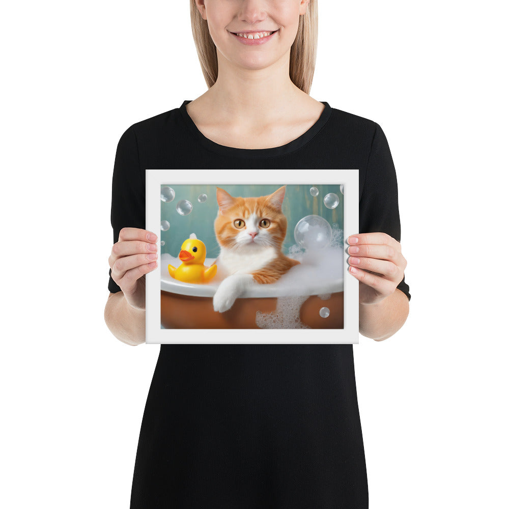 Adorable Cat Bubble Bath Framed Fine Art Poster Print - Perfect for Cat Lovers, Pet Enthusiasts, Kids, And Home Décor - Cute &amp; Funny Design