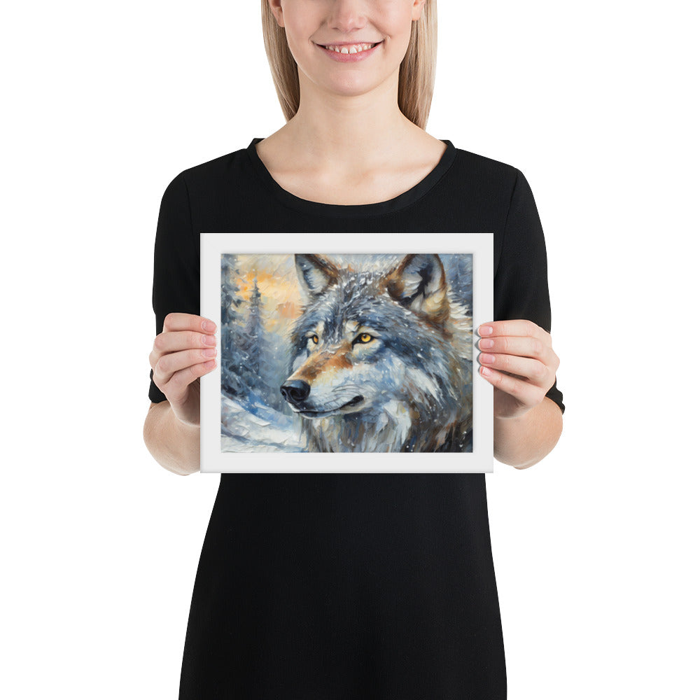 Beautiful Grey Wolf Framed Fine Art Poster Print - Vibrant Oil Painting, Winter Landscape, Perfect Gift For Nature, Winter &amp; Wildlife Lovers