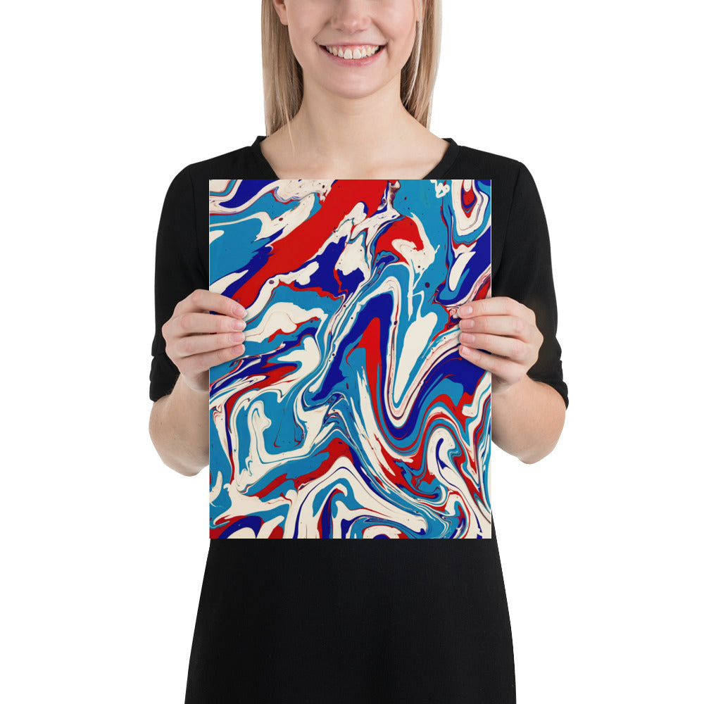 Fine Art Poster Print Of Vibrant Red, White, And Blue Acrylic Flow Painting - Elegant Abstract Art Gift For Home And Office Wall Decor