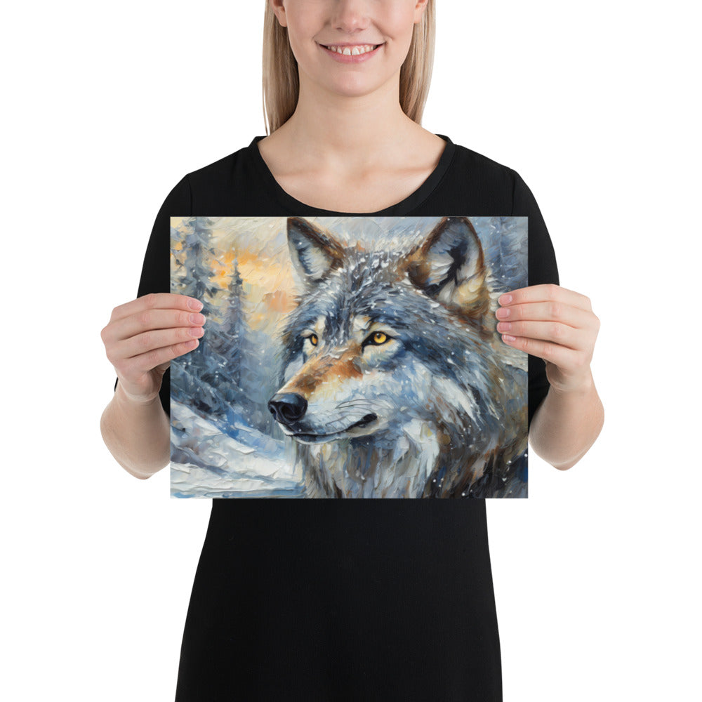 Beautiful Grey Wolf Fine Art Poster Print - Vibrant Oil Painting, Winter Landscape, Great Gift And Home Decor For Nature &amp; Wildlife Lovers