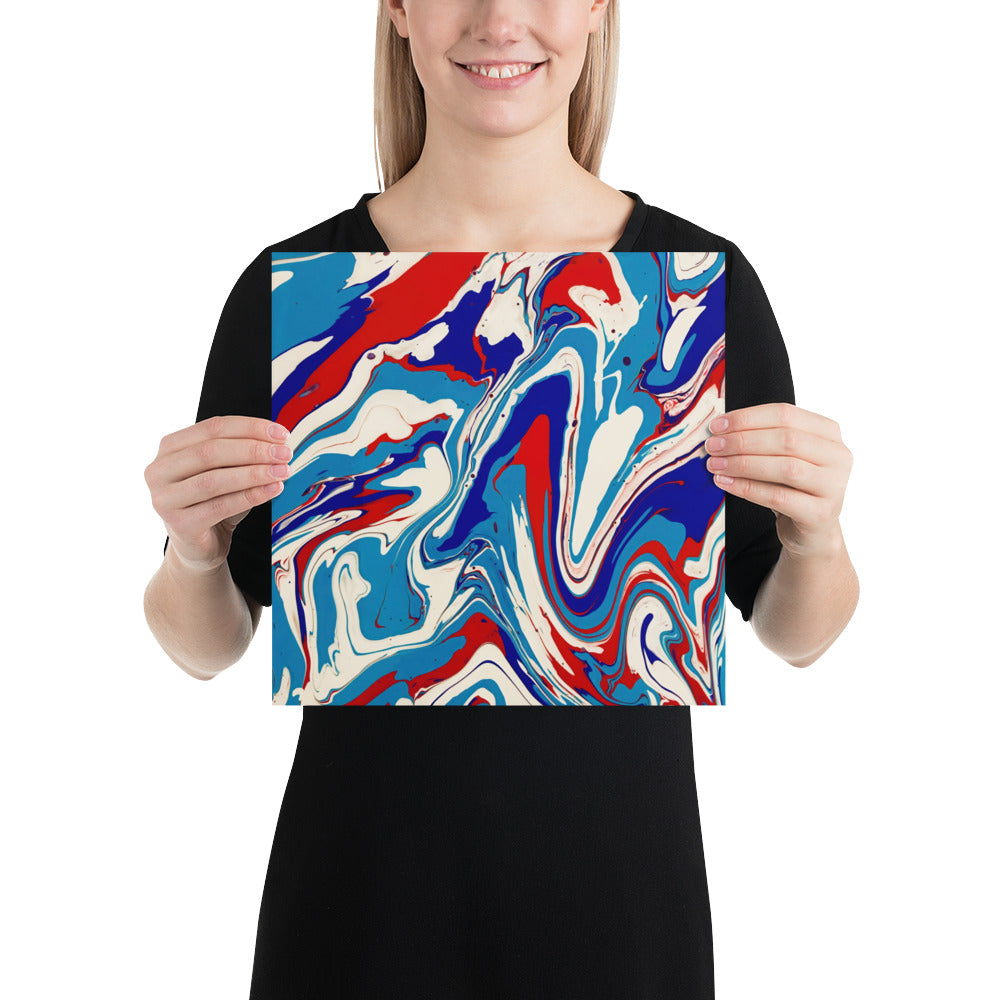 Fine Art Poster Print Of Vibrant Red, White, And Blue Acrylic Flow Painting - Elegant Abstract Art Gift For Home And Office Wall Decor