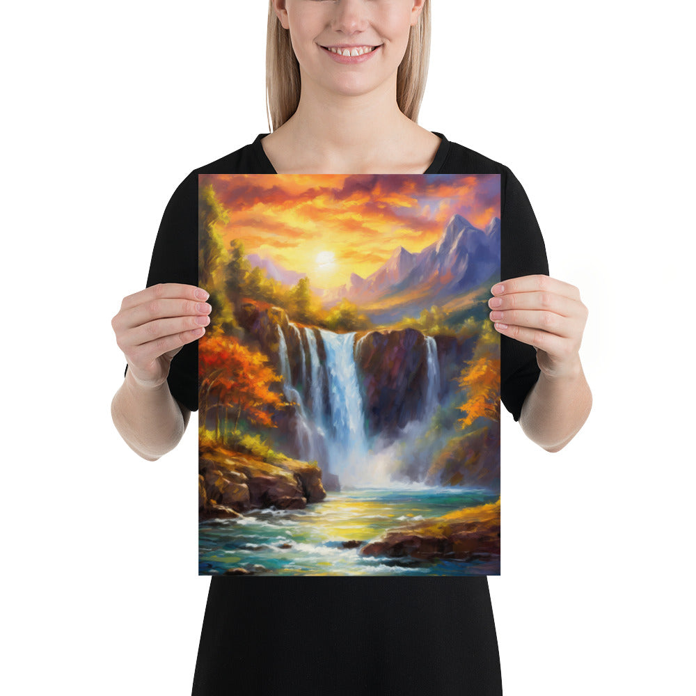 waterfall, waterfalls, trees, mountains, sunset, nature, landscape