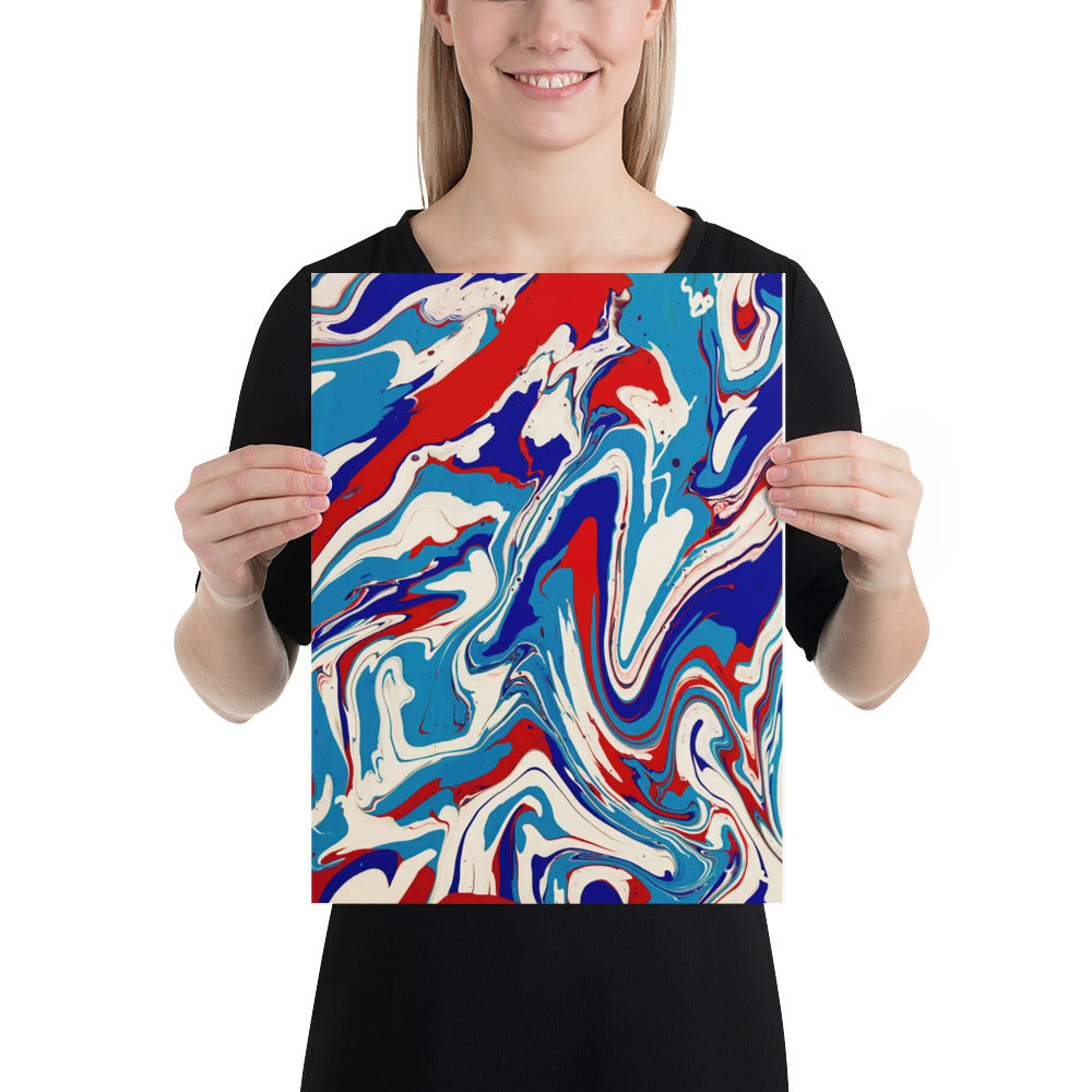 Fine Art Poster Print Of Vibrant Red, White, And Blue Acrylic Flow Painting - Elegant Abstract Art Gift For Home And Office Wall Decor