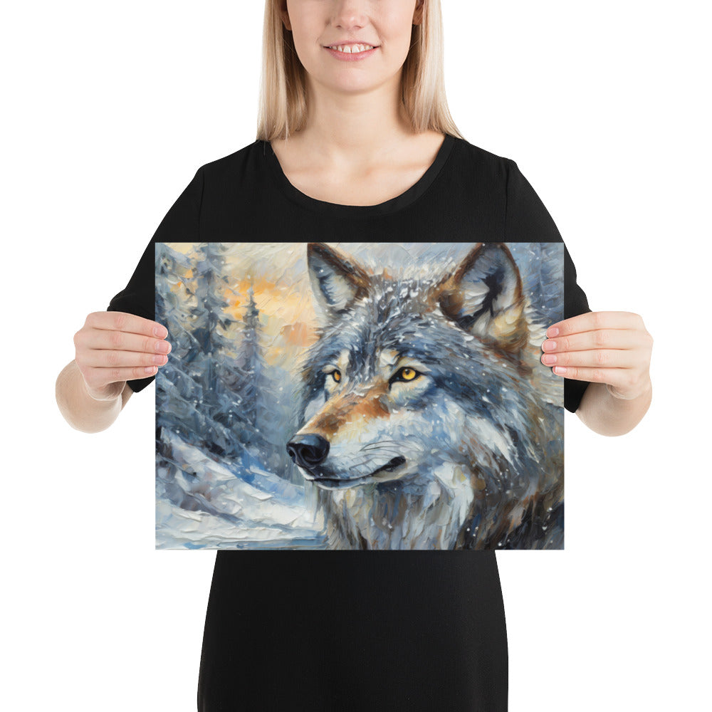 Beautiful Grey Wolf Fine Art Poster Print - Vibrant Oil Painting, Winter Landscape, Great Gift And Home Decor For Nature &amp; Wildlife Lovers