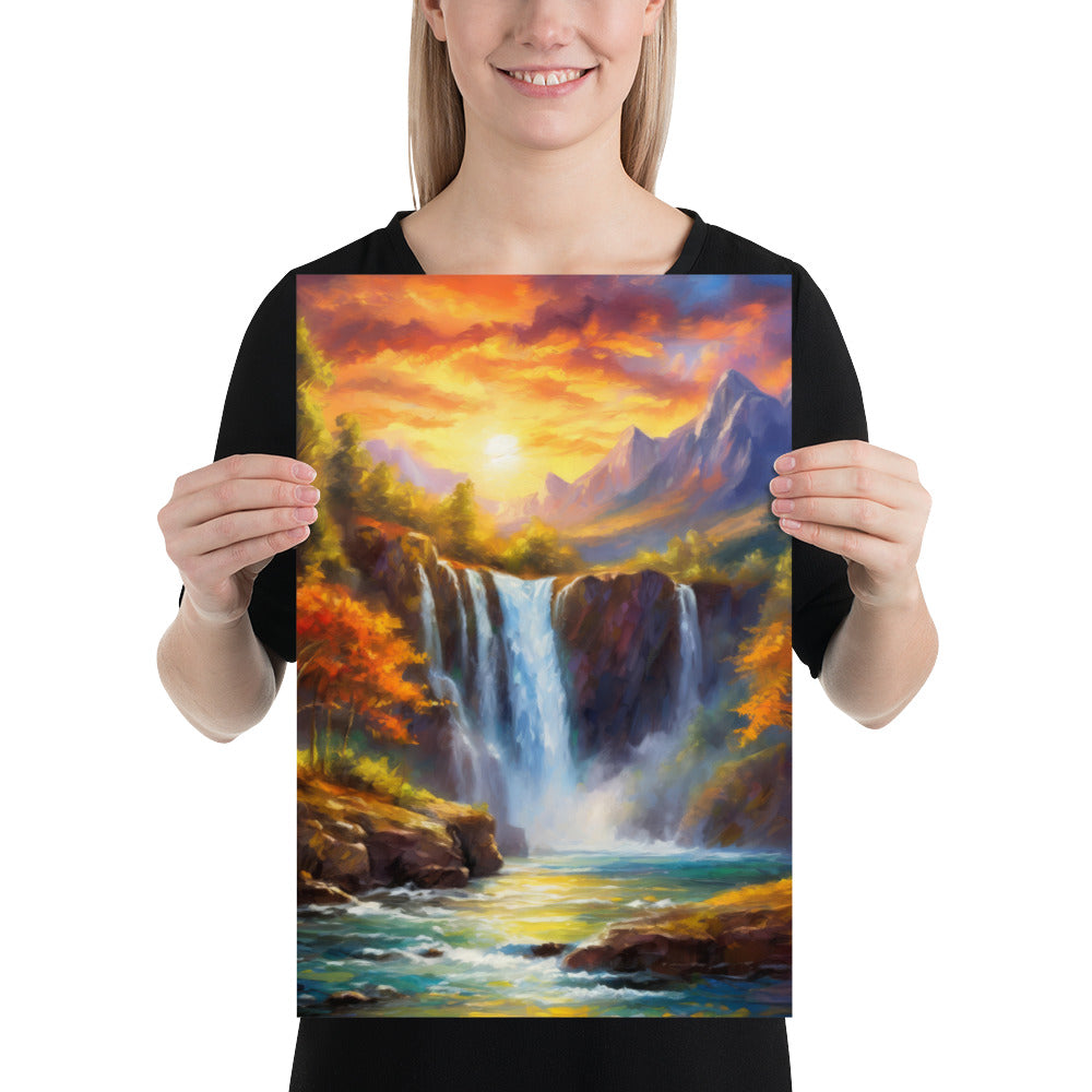 waterfall, waterfalls, trees, mountains, sunset, nature, landscape