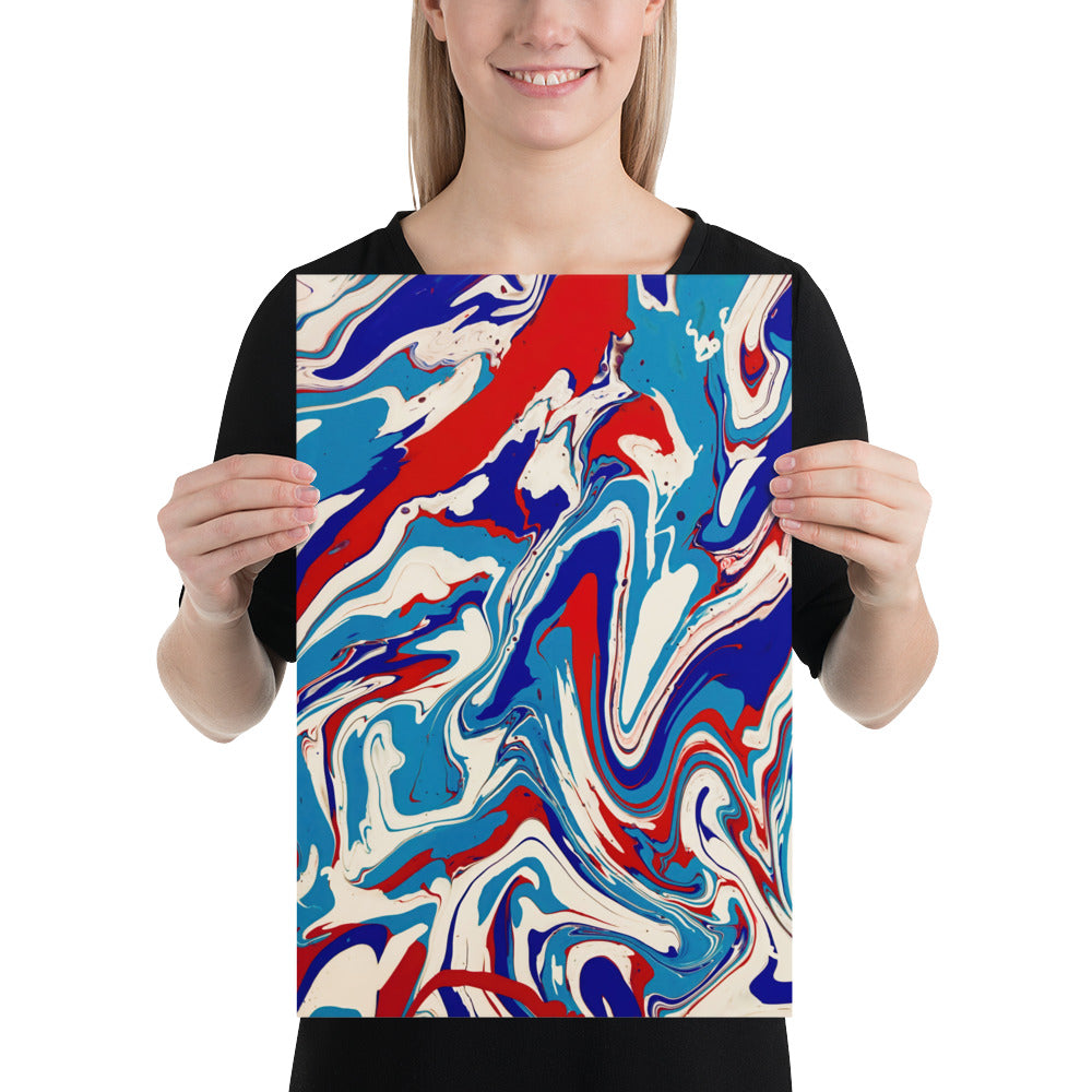 Fine Art Poster Print Of Vibrant Red, White, And Blue Acrylic Flow Painting - Elegant Abstract Art Gift For Home And Office Wall Decor