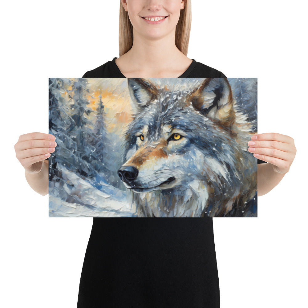 Beautiful Grey Wolf Fine Art Poster Print - Vibrant Oil Painting, Winter Landscape, Great Gift And Home Decor For Nature &amp; Wildlife Lovers