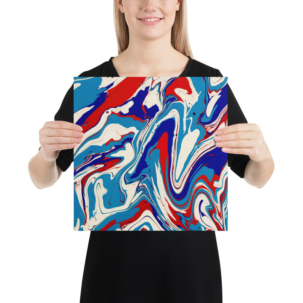 Fine Art Poster Print Of Vibrant Red, White, And Blue Acrylic Flow Painting - Elegant Abstract Art Gift For Home And Office Wall Decor