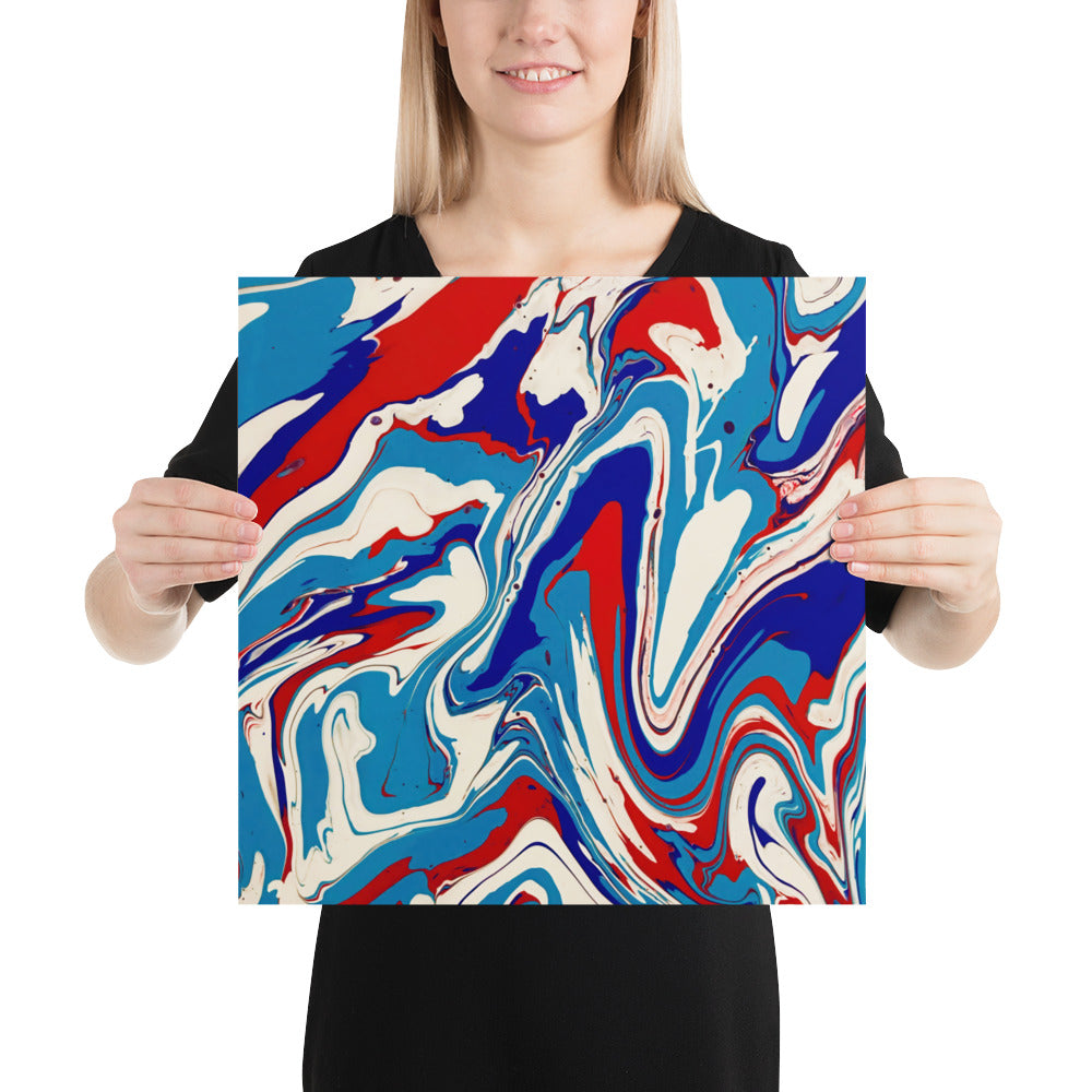Fine Art Poster Print Of Vibrant Red, White, And Blue Acrylic Flow Painting - Elegant Abstract Art Gift For Home And Office Wall Decor