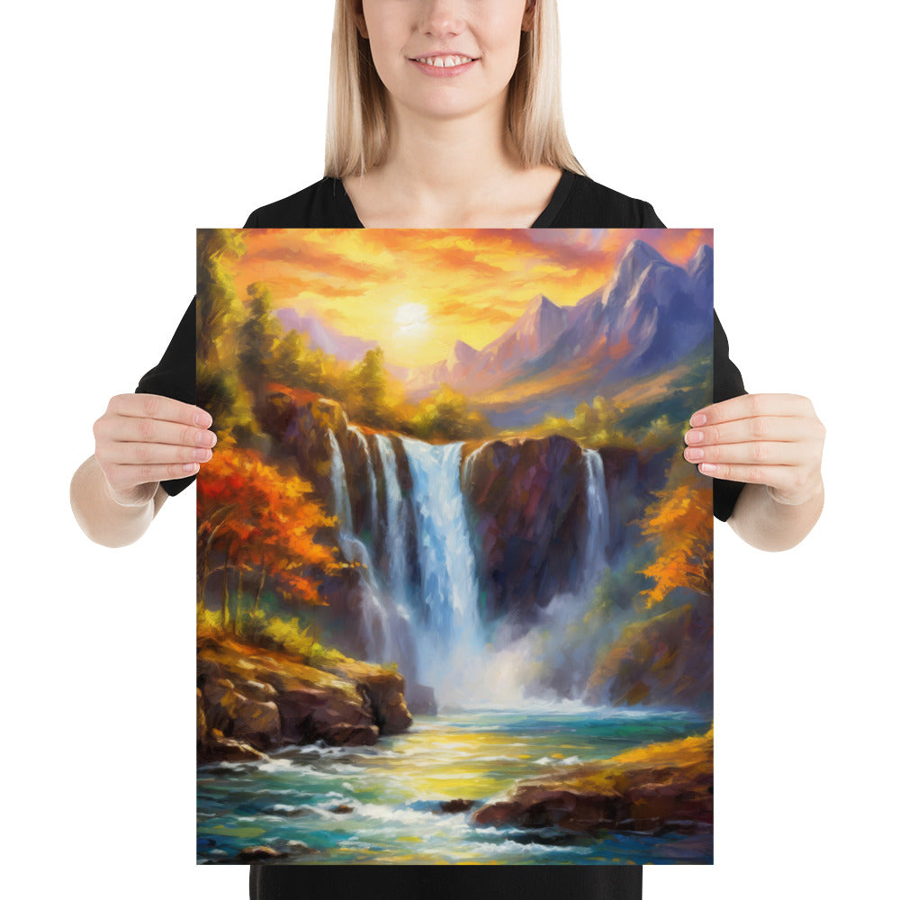 waterfall, waterfalls, trees, mountains, sunset, nature, landscape