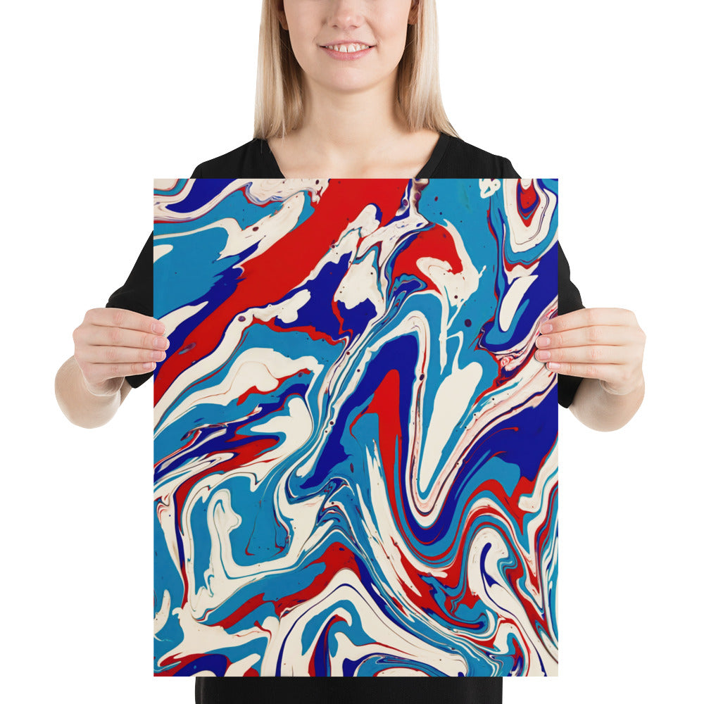 Fine Art Poster Print Of Vibrant Red, White, And Blue Acrylic Flow Painting - Elegant Abstract Art Gift For Home And Office Wall Decor
