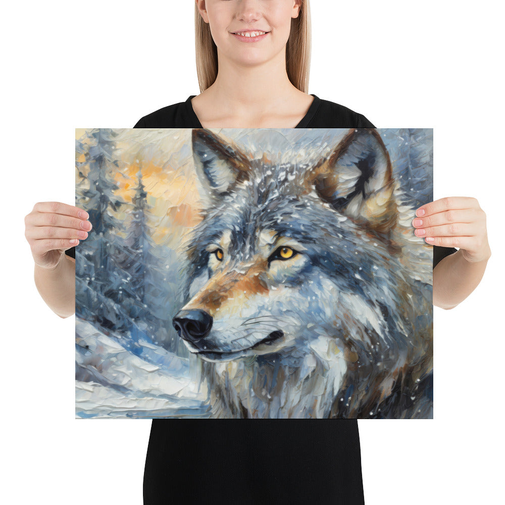 Beautiful Grey Wolf Fine Art Poster Print - Vibrant Oil Painting, Winter Landscape, Great Gift And Home Decor For Nature &amp; Wildlife Lovers