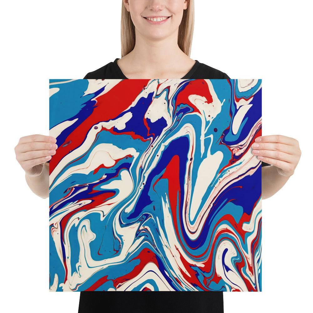 Fine Art Poster Print Of Vibrant Red, White, And Blue Acrylic Flow Painting - Elegant Abstract Art Gift For Home And Office Wall Decor