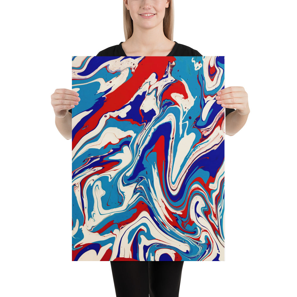 Fine Art Poster Print Of Vibrant Red, White, And Blue Acrylic Flow Painting - Elegant Abstract Art Gift For Home And Office Wall Decor