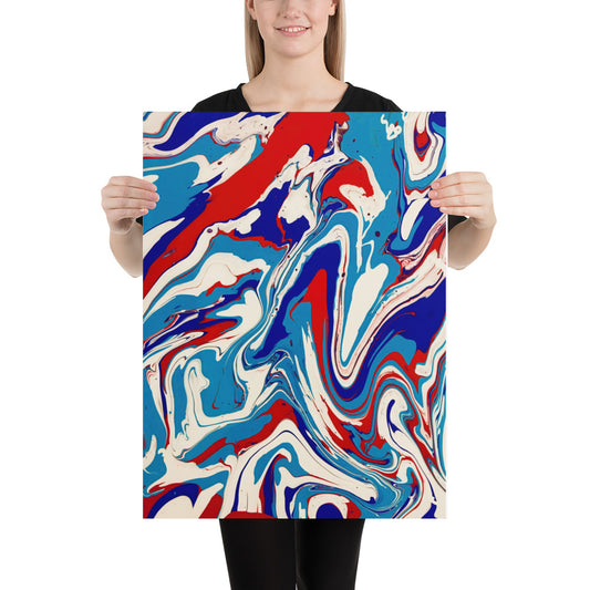 Fine Art Poster Print Of Vibrant Red, White, And Blue Acrylic Flow Painting - Elegant Abstract Art Gift For Home And Office Wall Decor
