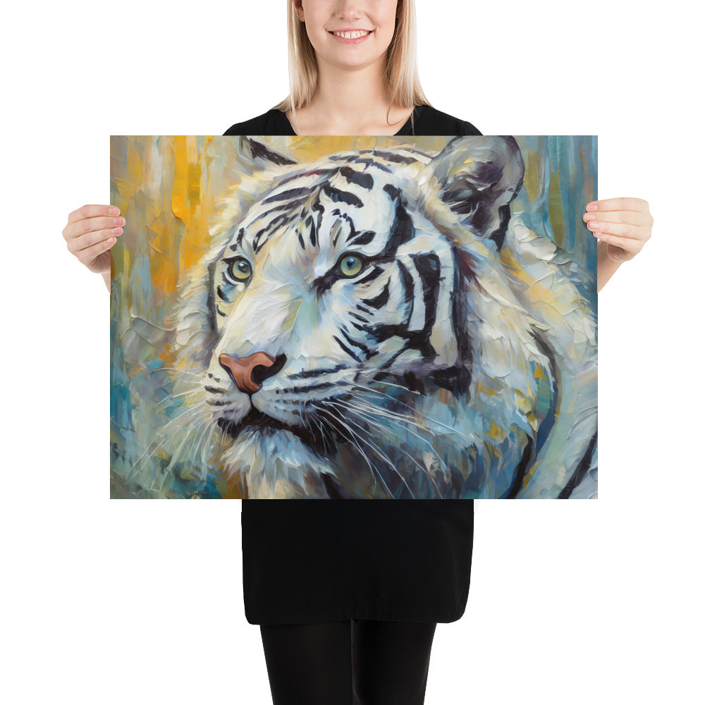 Majestic White Tiger Oil Painting Poster Print - Vibrant, Stylish, Fine Art Gift For Nature &amp; Wildlife Lovers, Home And Office Wall Décor