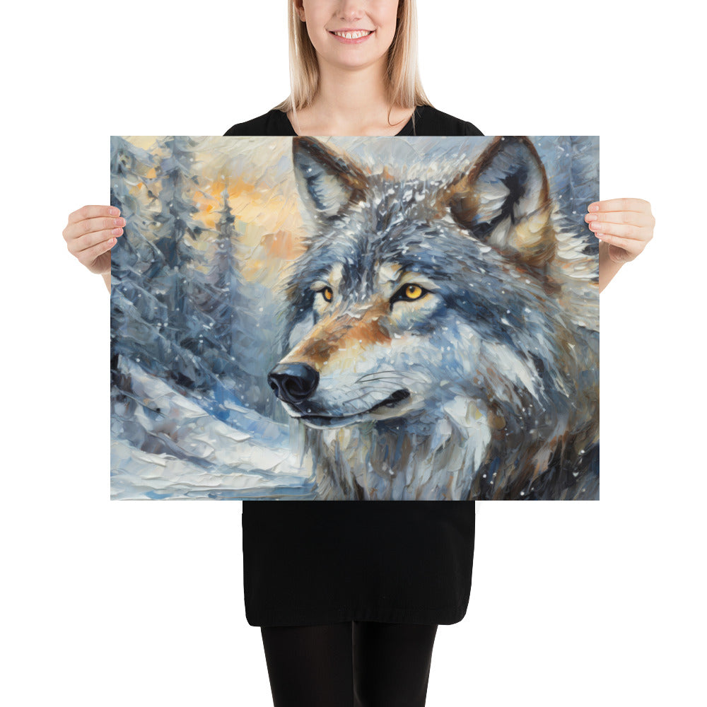 Beautiful Grey Wolf Fine Art Poster Print - Vibrant Oil Painting, Winter Landscape, Great Gift And Home Decor For Nature &amp; Wildlife Lovers