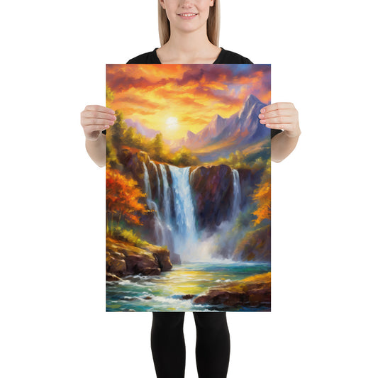 waterfall, waterfalls, trees, mountains, sunset, nature, landscape