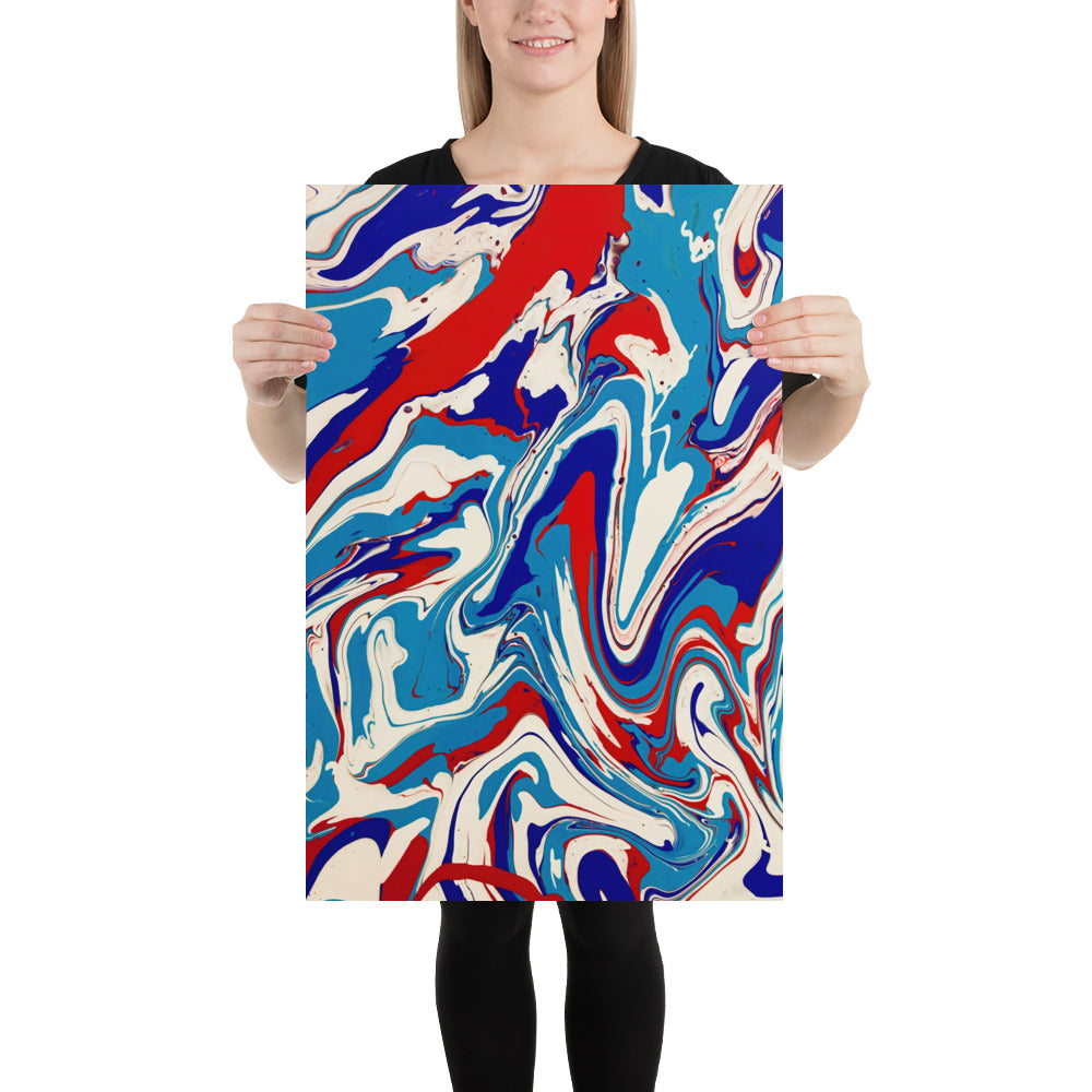 Fine Art Poster Print Of Vibrant Red, White, And Blue Acrylic Flow Painting - Elegant Abstract Art Gift For Home And Office Wall Decor