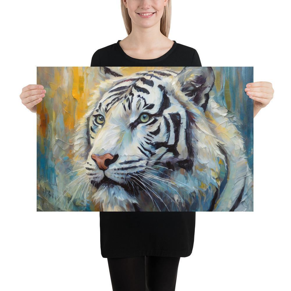 Majestic White Tiger Oil Painting Poster Print - Vibrant, Stylish, Fine Art Gift For Nature &amp; Wildlife Lovers, Home And Office Wall Décor