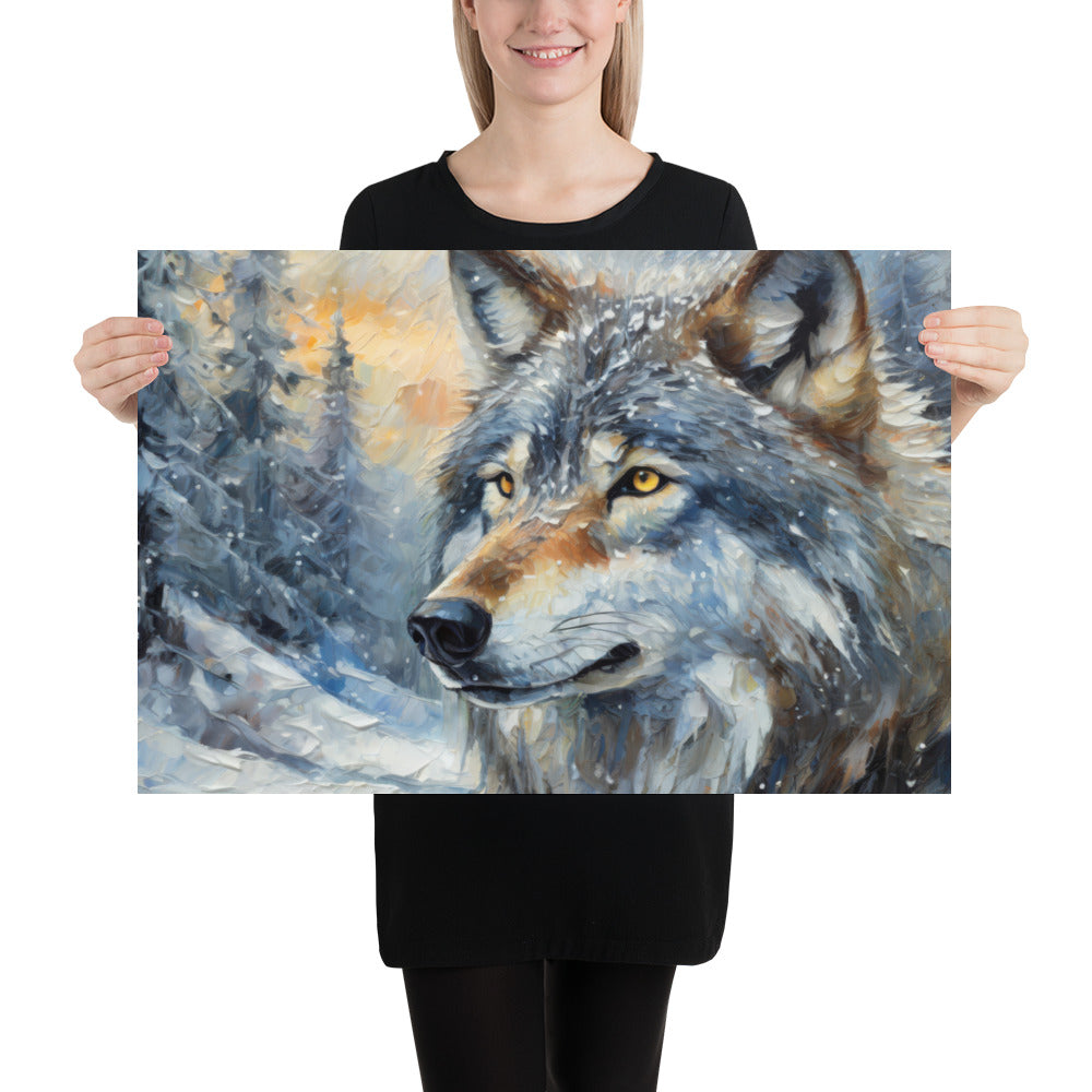Beautiful Grey Wolf Fine Art Poster Print - Vibrant Oil Painting, Winter Landscape, Great Gift And Home Decor For Nature &amp; Wildlife Lovers