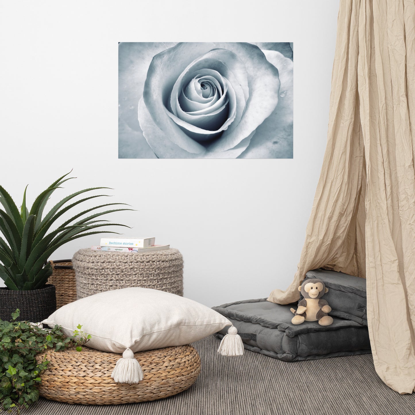 Elegant White Rose Macro Photograph Print - Silverish Tint & Gray Shadows - Perfect Gift for Art, Nature, and Photography Lovers