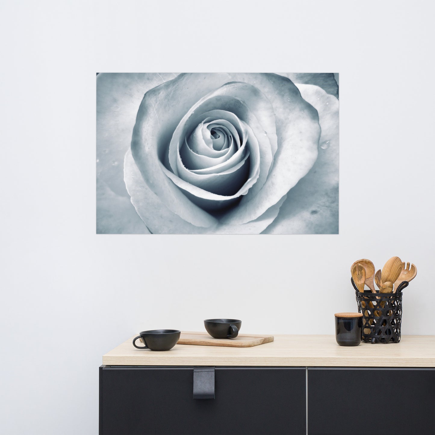 Elegant White Rose Macro Photograph Print - Silverish Tint & Gray Shadows - Perfect Gift for Art, Nature, and Photography Lovers