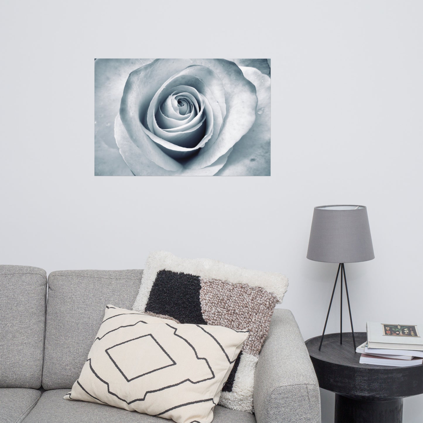 Elegant White Rose Macro Photograph Print - Silverish Tint & Gray Shadows - Perfect Gift for Art, Nature, and Photography Lovers
