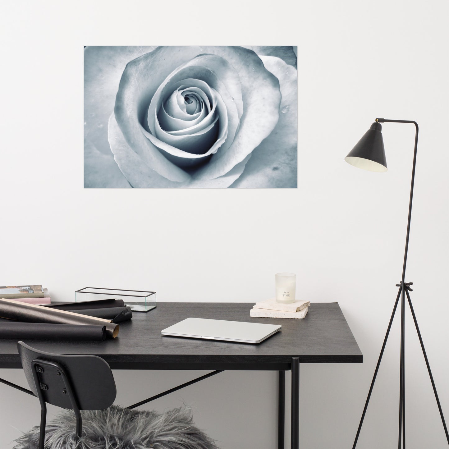 Elegant White Rose Macro Photograph Print - Silverish Tint & Gray Shadows - Perfect Gift for Art, Nature, and Photography Lovers