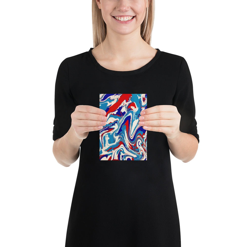 Fine Art Poster Print Of Vibrant Red, White, And Blue Acrylic Flow Painting - Elegant Abstract Art Gift For Home And Office Wall Decor