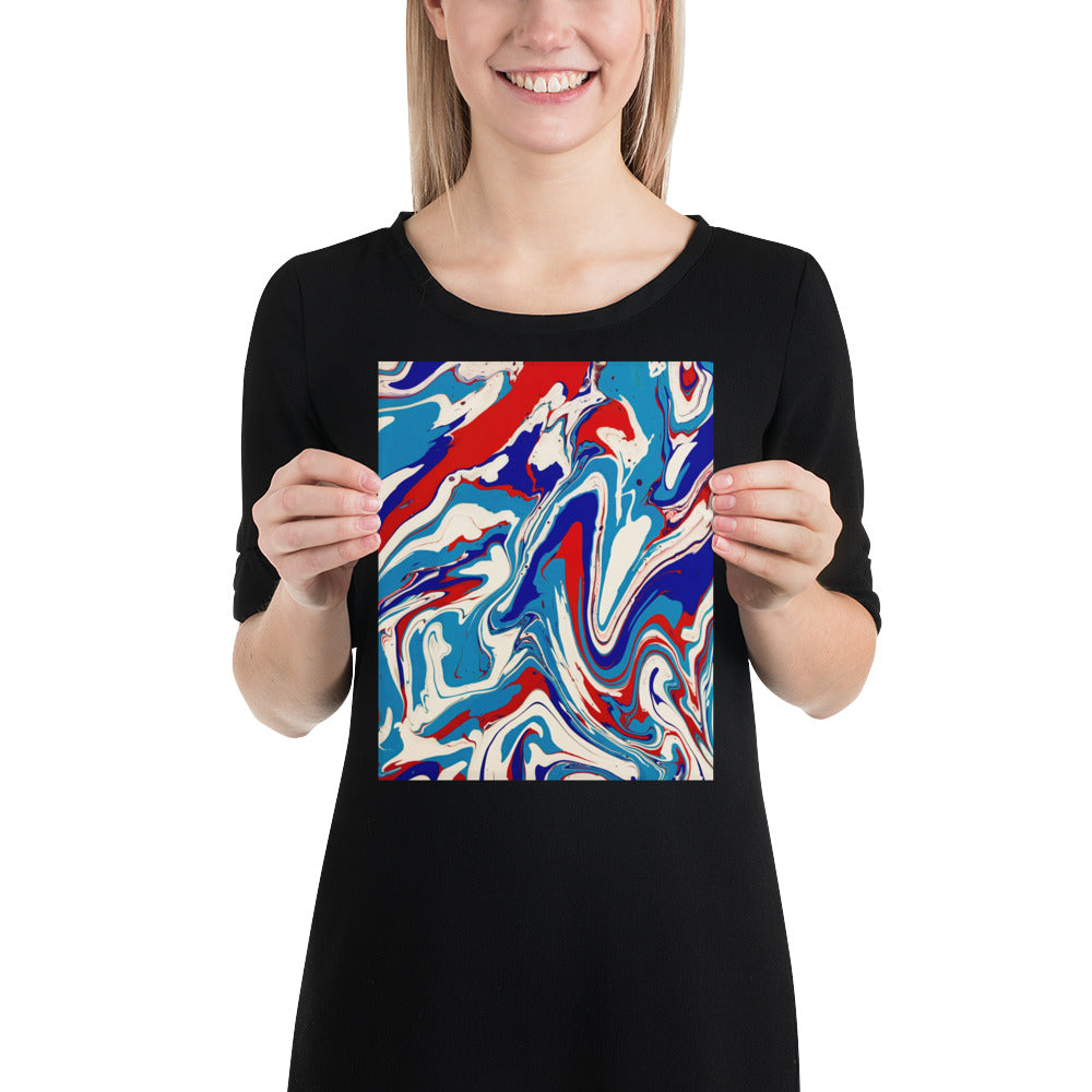 Fine Art Poster Print Of Vibrant Red, White, And Blue Acrylic Flow Painting - Elegant Abstract Art Gift For Home And Office Wall Decor