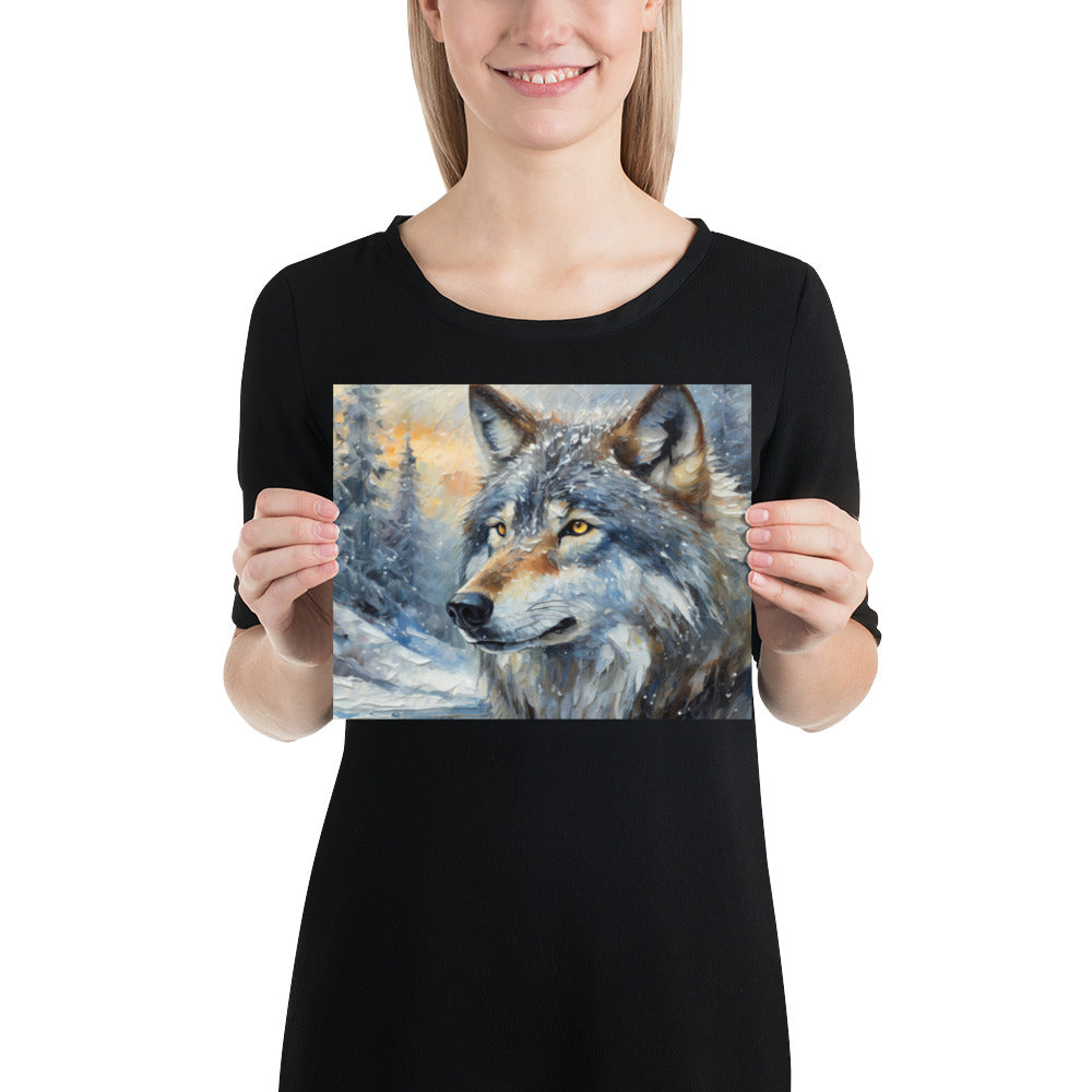 Beautiful Grey Wolf Fine Art Poster Print - Vibrant Oil Painting, Winter Landscape, Great Gift And Home Decor For Nature &amp; Wildlife Lovers