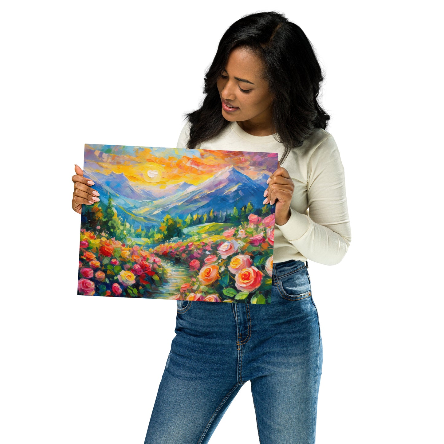 mountains, flowers, roses, sunset, clouds, landscape, scenic, colors, colorful,