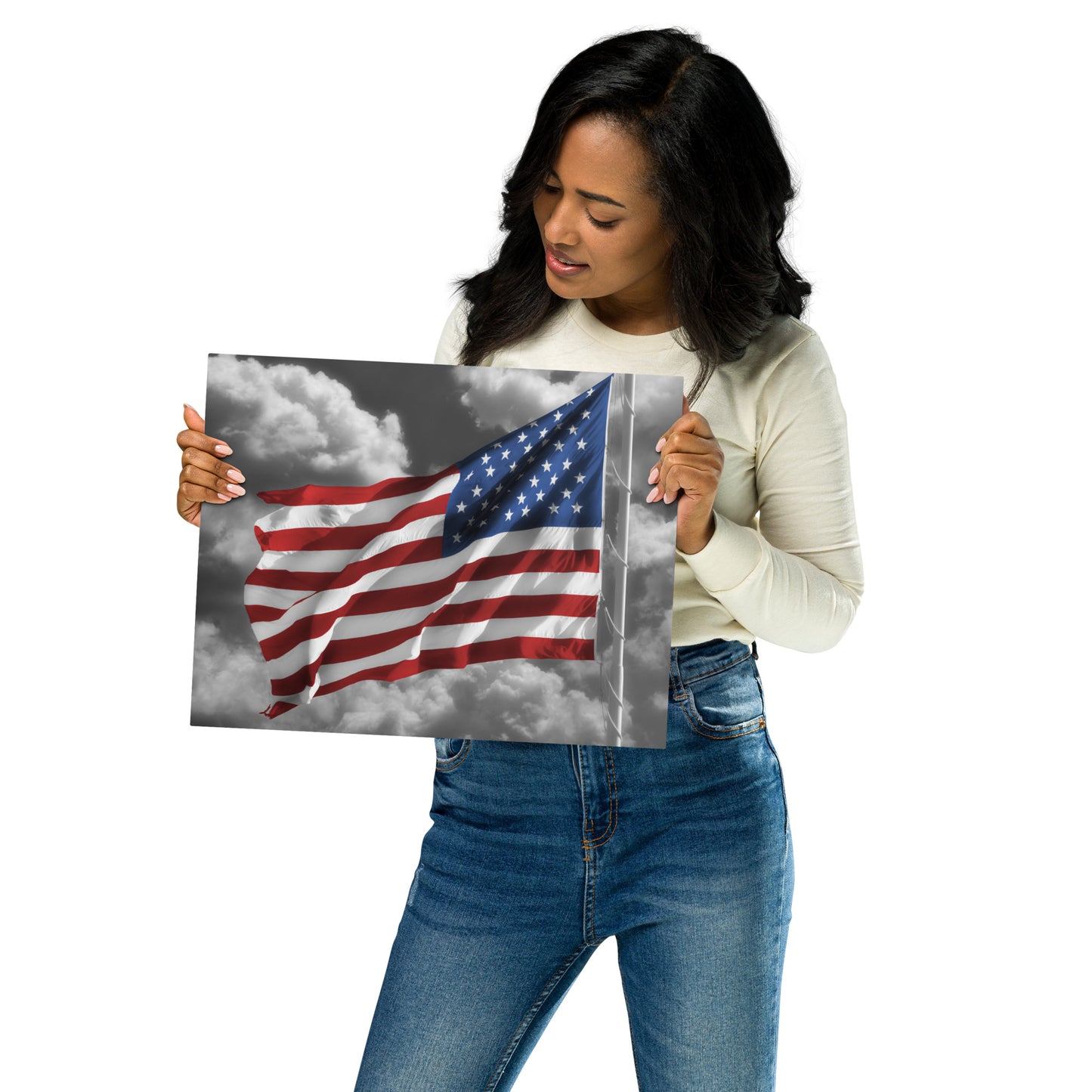 Fine Art Metal Print Of Old Glory - American Flag With Color Splash Effect Over Black And White - Patriotic Wall Décor For Home & Office