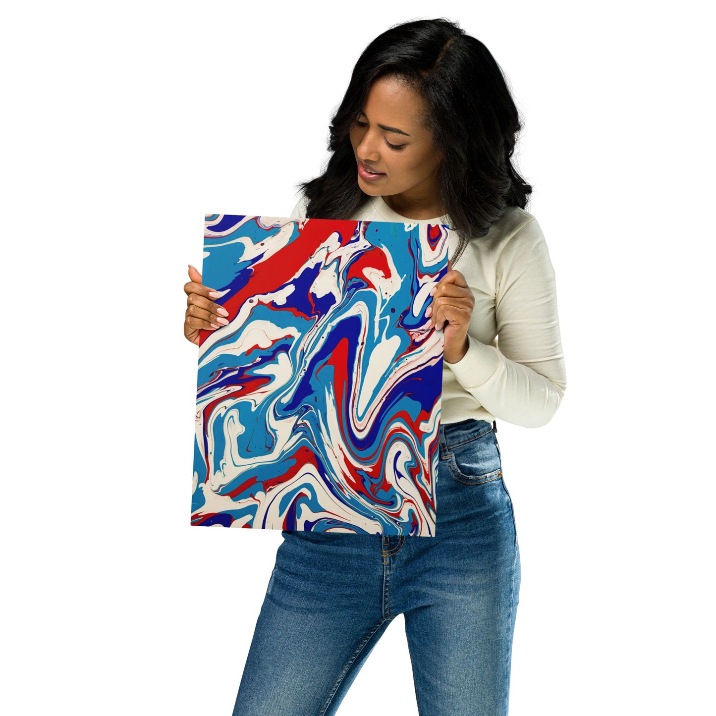 Stylish Fine Art Metal Print Of Vibrant Red, White, & Blue Acrylic Flow Painting - Elegant Abstract Art Gift For Home And Office Wall Decor