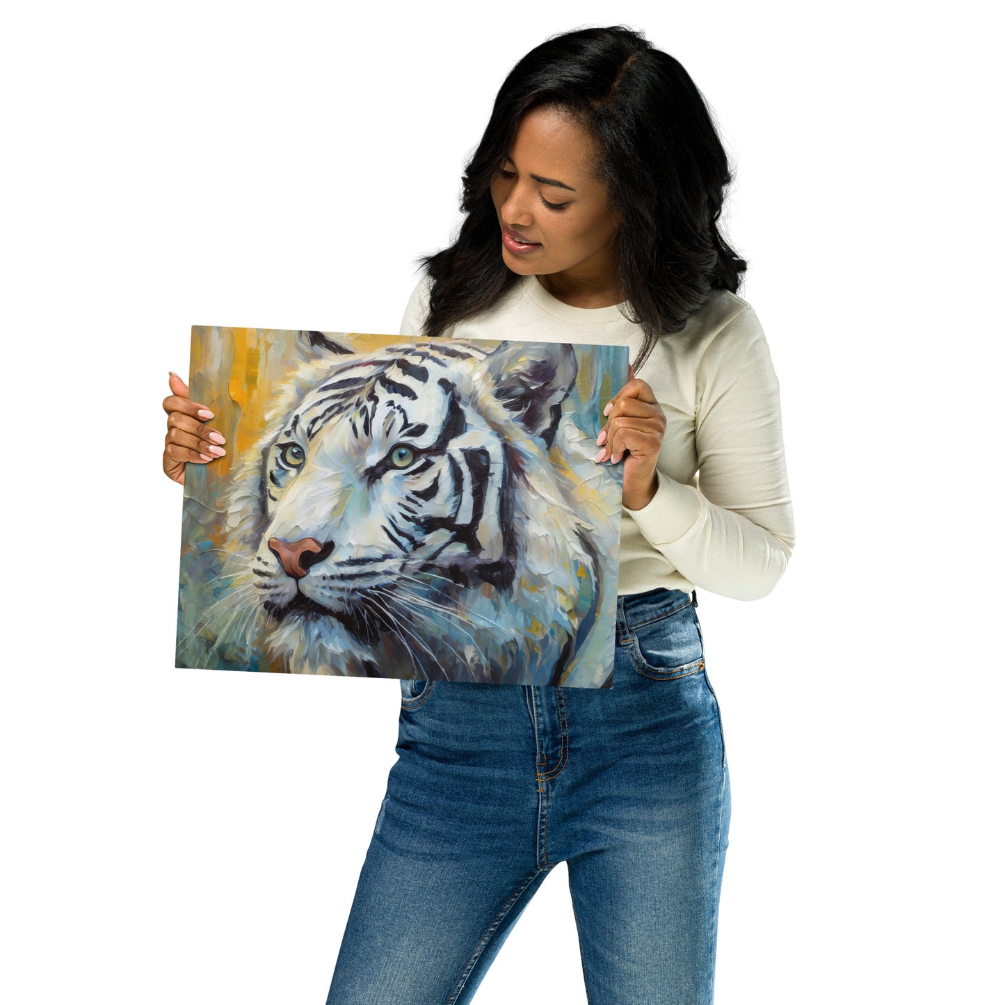 Majestic White Tiger Oil Painting Metal Print - Vibrant, Stylish, Fine Art Gift For Nature & Wildlife Lovers, Home And Office Wall Décor