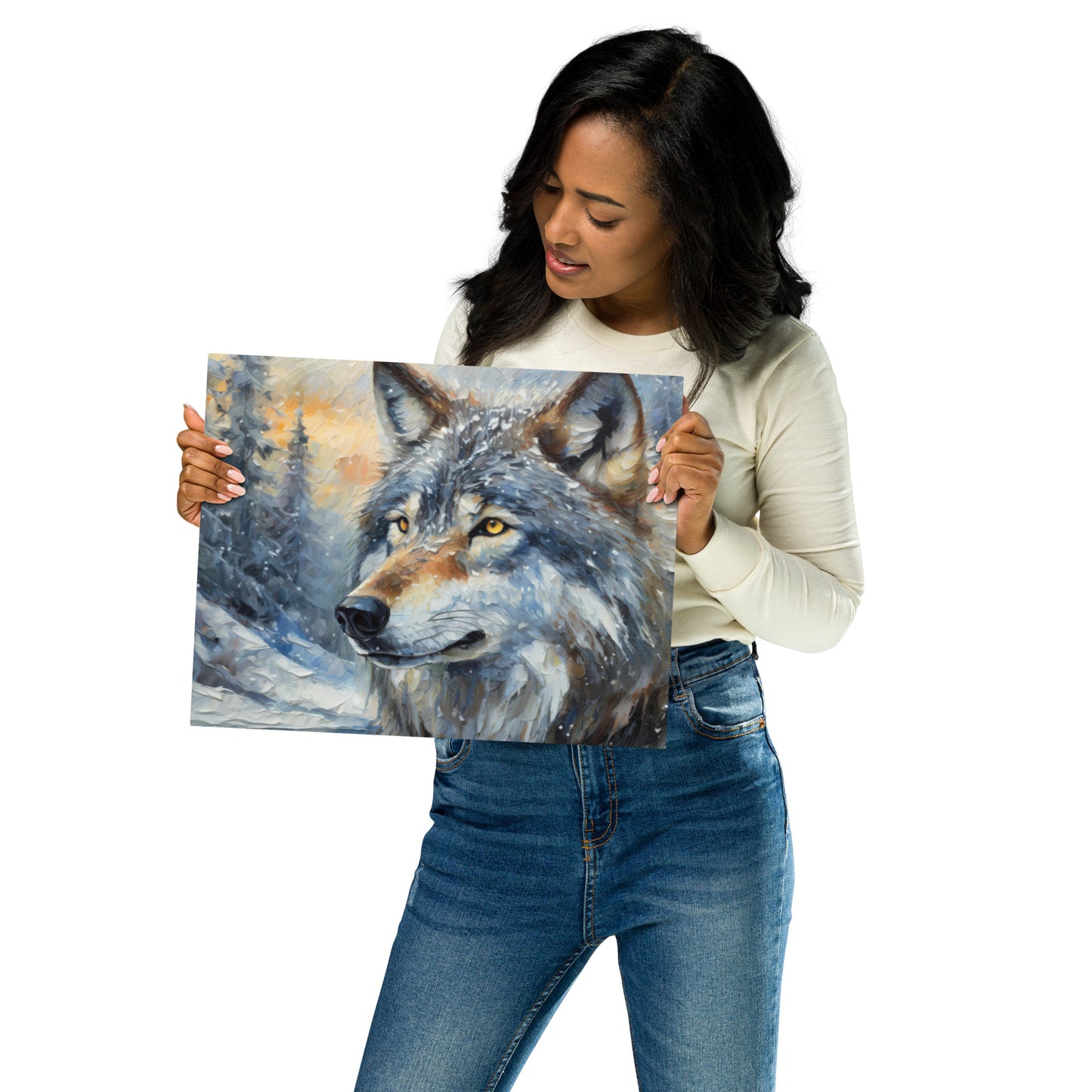 Beautiful Grey Wolf Fine Art Metal Print - Vibrant Oil Painting, Winter Landscape, Perfect Home Decor And Gift For Nature & Wildlife Lovers