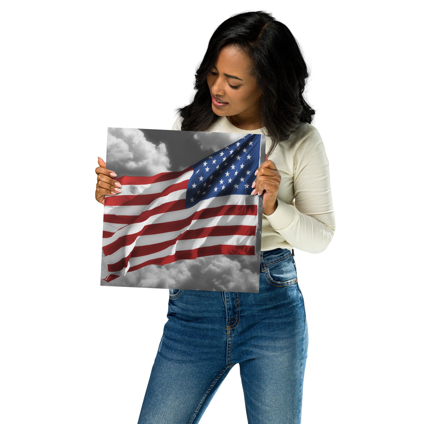 Fine Art Metal Print Of Old Glory - American Flag With Color Splash Effect Over Black And White - Patriotic Wall Décor For Home & Office