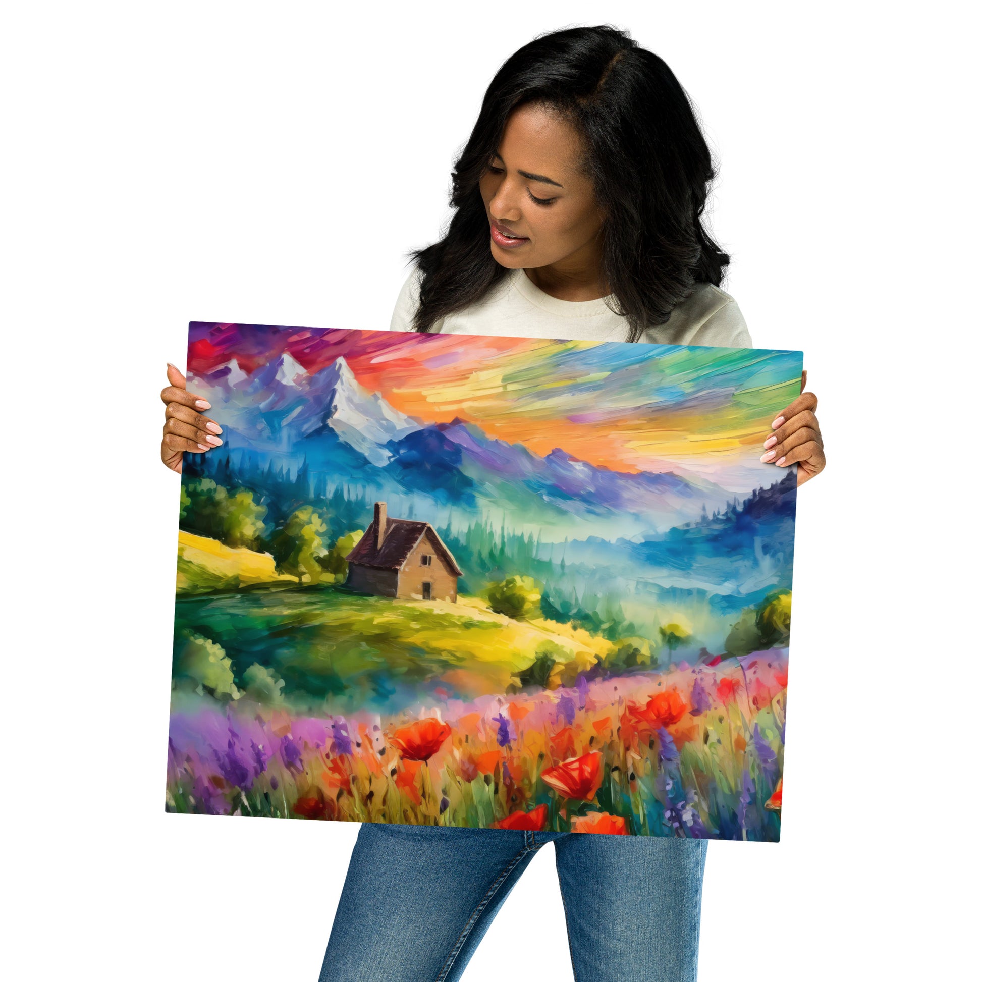 mountains, flowers, fields, sky, clouds, cabin, landscape, art, scenic