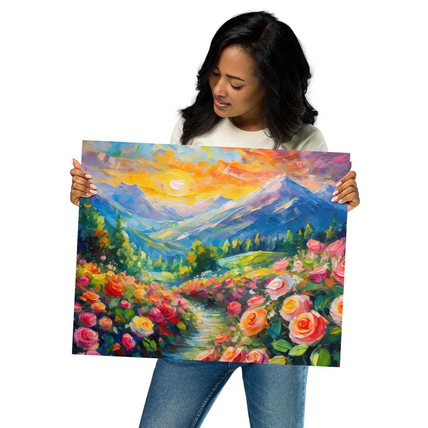 mountains, flowers, roses, sunset, clouds, landscape, scenic, colors, colorful,