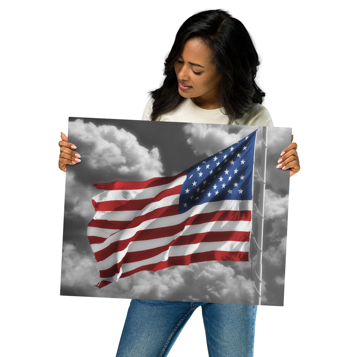 Fine Art Metal Print Of Old Glory - American Flag With Color Splash Effect Over Black And White - Patriotic Wall Décor For Home & Office