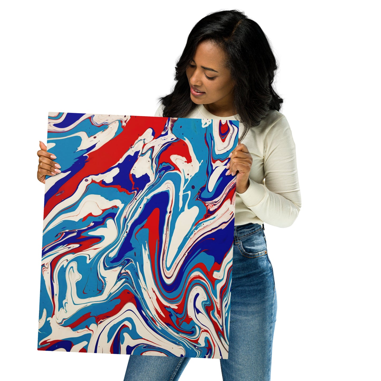 Stylish Fine Art Metal Print Of Vibrant Red, White, & Blue Acrylic Flow Painting - Elegant Abstract Art Gift For Home And Office Wall Decor