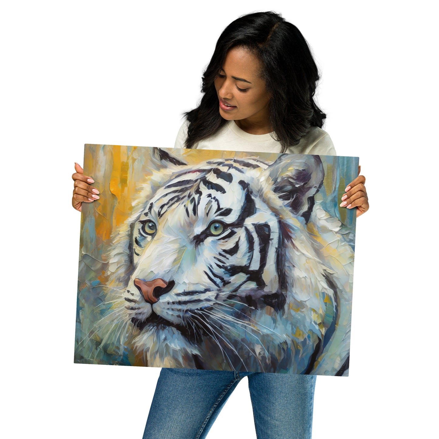 Majestic White Tiger Oil Painting Metal Print - Vibrant, Stylish, Fine Art Gift For Nature & Wildlife Lovers, Home And Office Wall Décor
