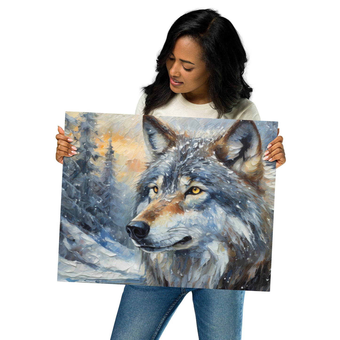Beautiful Grey Wolf Fine Art Metal Print - Vibrant Oil Painting, Winter Landscape, Perfect Home Decor And Gift For Nature & Wildlife Lovers