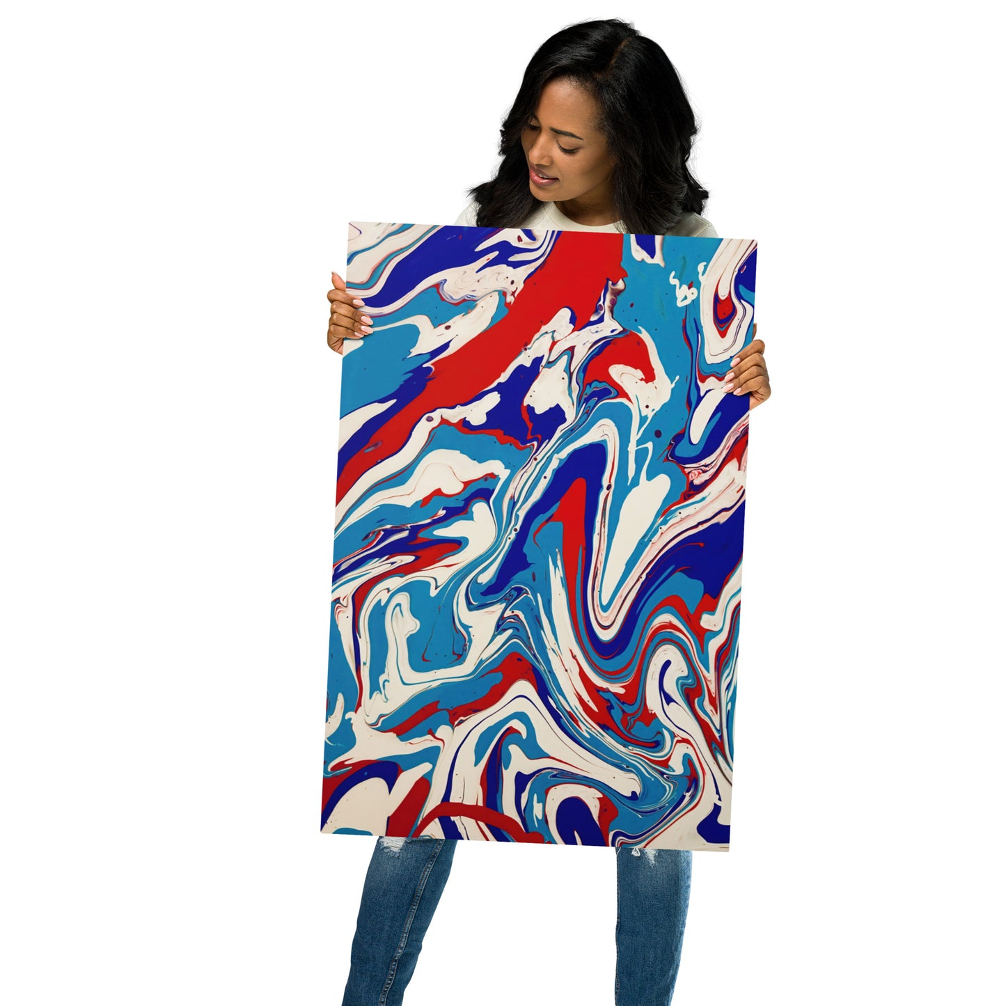 Stylish Fine Art Metal Print Of Vibrant Red, White, & Blue Acrylic Flow Painting - Elegant Abstract Art Gift For Home And Office Wall Decor