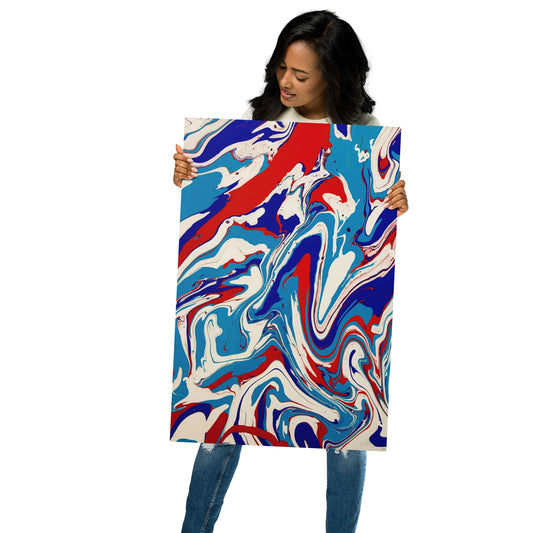 Stylish Fine Art Metal Print Of Vibrant Red, White, & Blue Acrylic Flow Painting - Elegant Abstract Art Gift For Home And Office Wall Decor