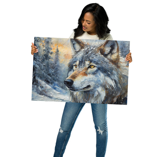 Beautiful Grey Wolf Fine Art Metal Print - Vibrant Oil Painting, Winter Landscape, Perfect Home Decor And Gift For Nature & Wildlife Lovers
