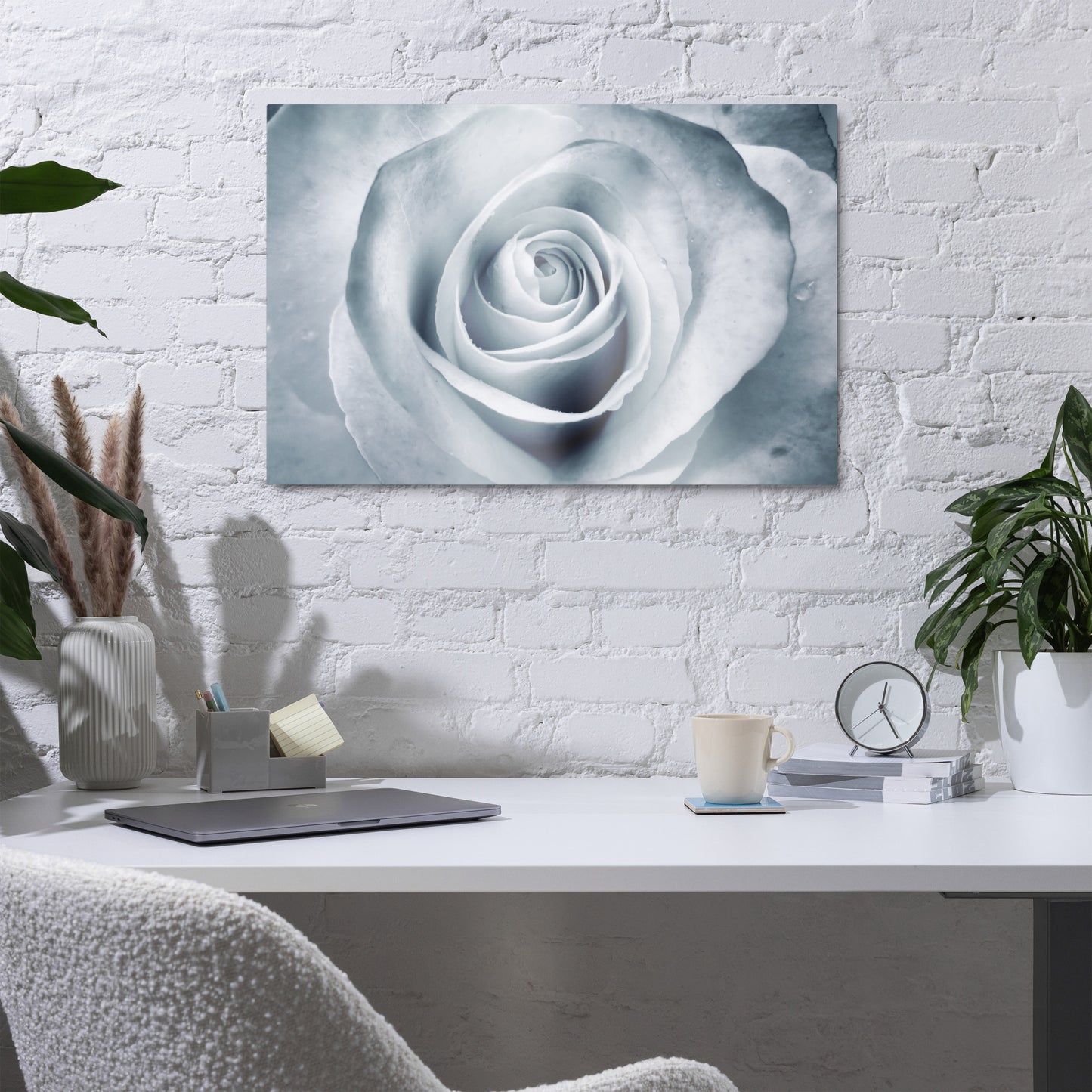 Elegant White Rose Macro Photograph On Fine Art Metal Print - Perfect Gift For Contemporary Art, Nature, Flower & B&W Photography Lovers